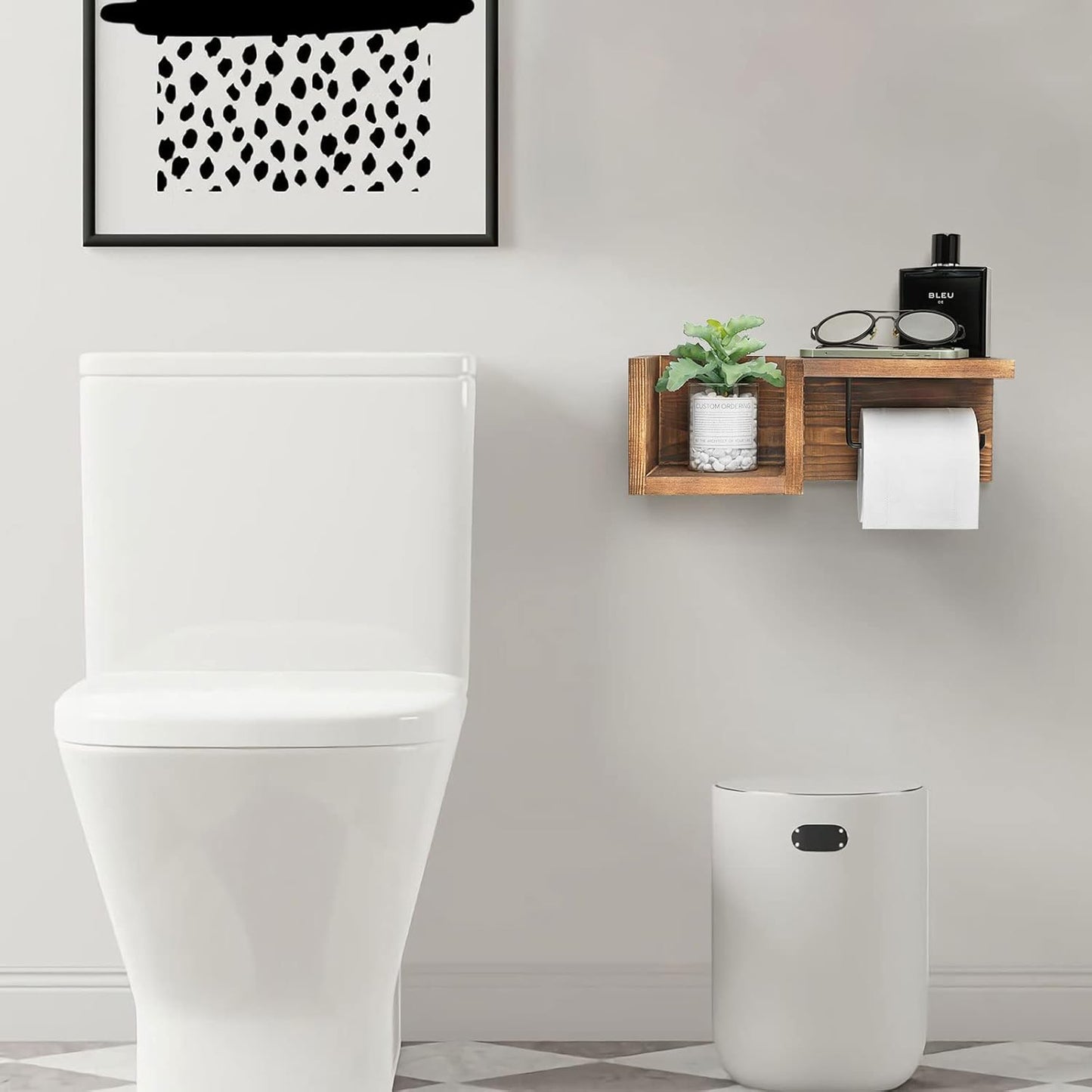 Carpentray Wooden Toilet Paper Holder Wall Mount with Shelf -  Bathroom Storage Rack for Tissue Rolls, Rustic Bathroom Decor Brown