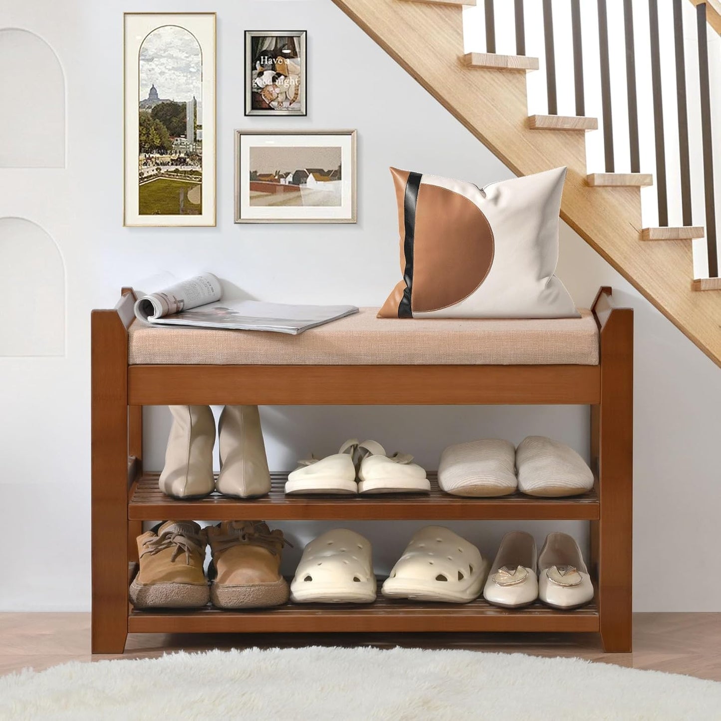 Carpentray Shoe Rack Bench with Cushion, Entryway Bench