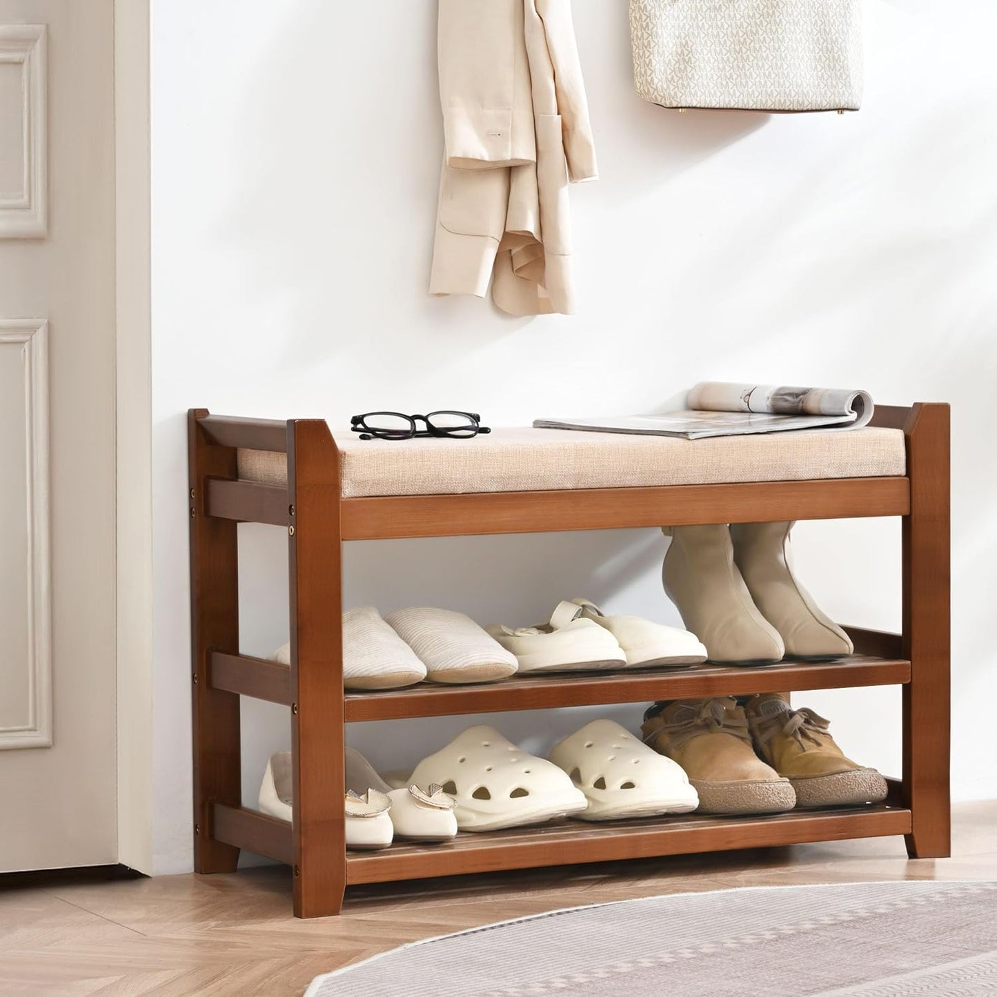 Carpentray Shoe Rack Bench with Cushion, Entryway Bench