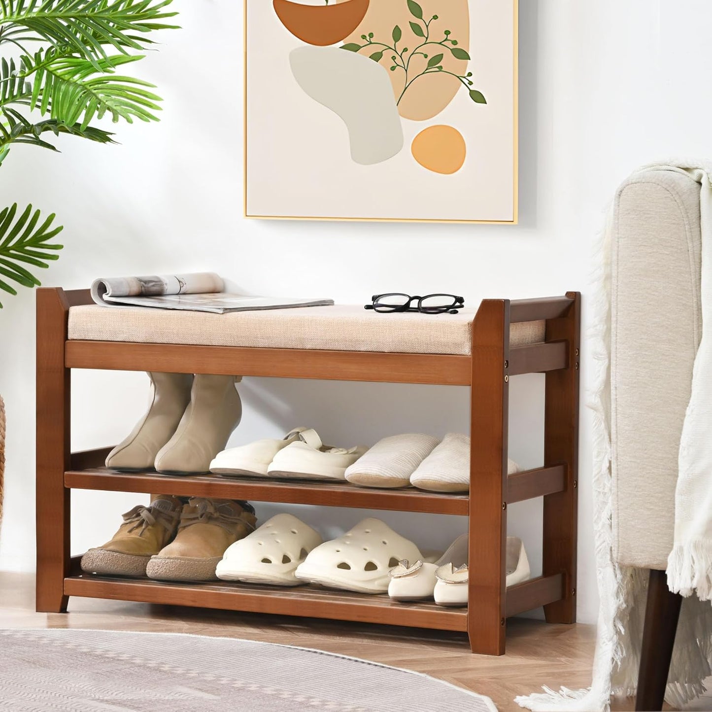 Carpentray Shoe Rack Bench with Cushion, Entryway Bench