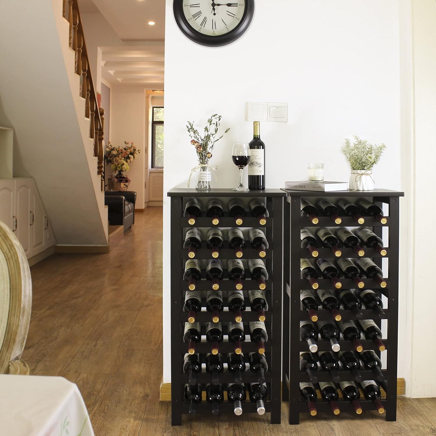 Caepentray Wine Rack, 28 Bottles Display Holder with Table Top, 7-Tier Free Standing Storage Shelves for Kitchen, Pantry, Cellar, Bar (Dark Brown)