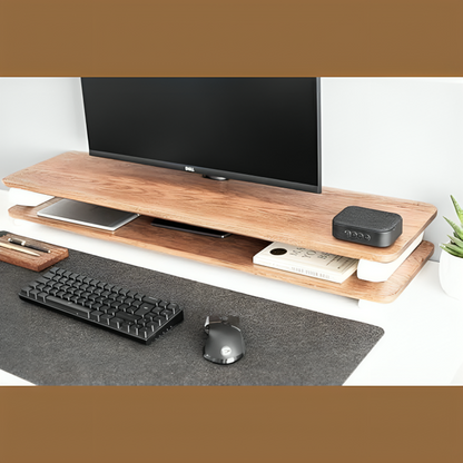 carpentray 120cm long dual shelf solid sheesham wooden monitor riser white wooden legs