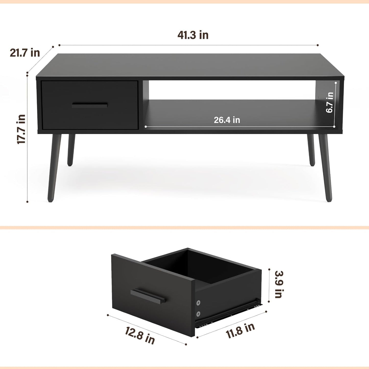 Carpentray Wooden Black Coffee Table 1 Drawer& 2 Shelf