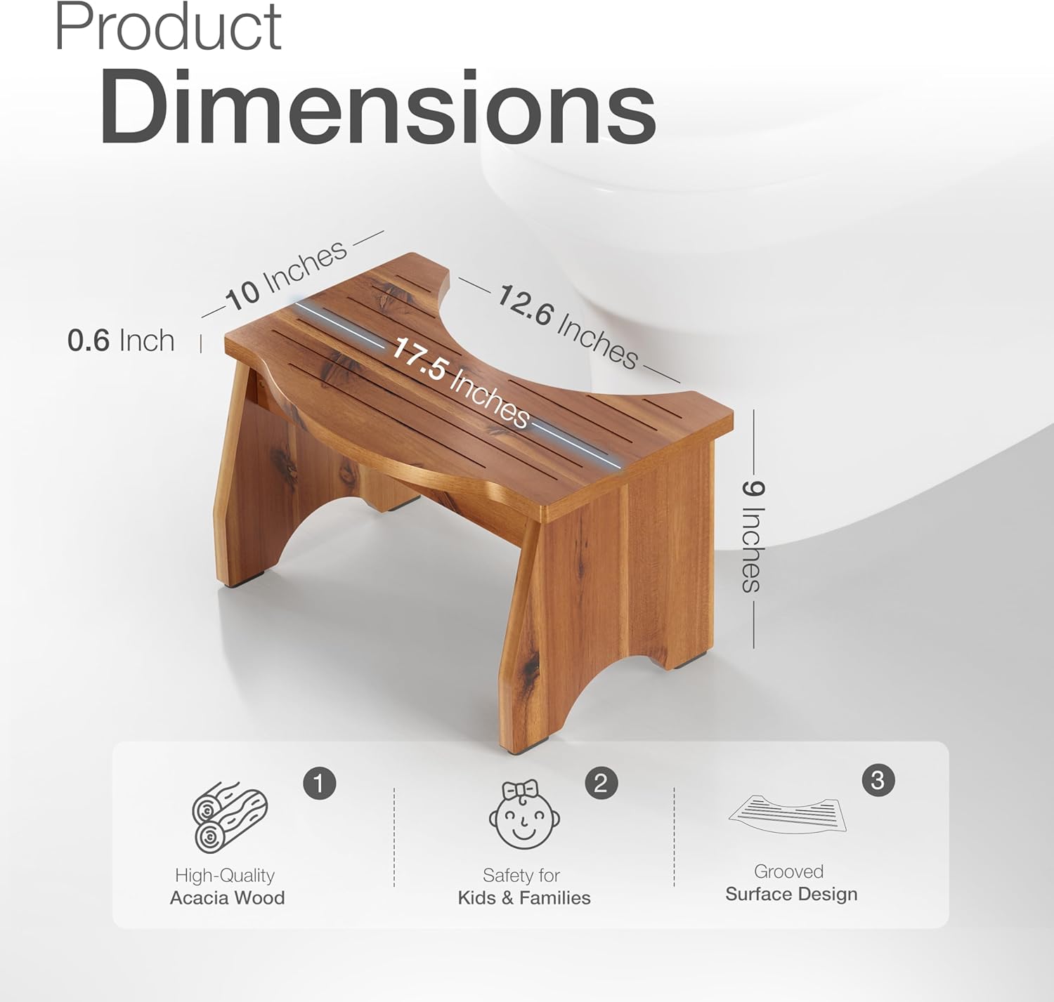 carpentray acacia poop stool for bathroom adults - squatting toilet stool for kids - pooping stool squat with anti slip layer - bathroom stools for sitting/travel (acacia wood 9 inch height)