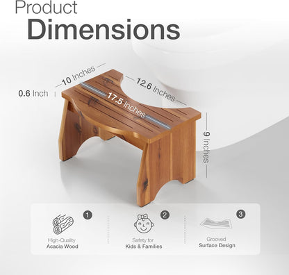 carpentray acacia poop stool for bathroom adults - squatting toilet stool for kids - pooping stool squat with anti slip layer - bathroom stools for sitting/travel (acacia wood 9 inch height)