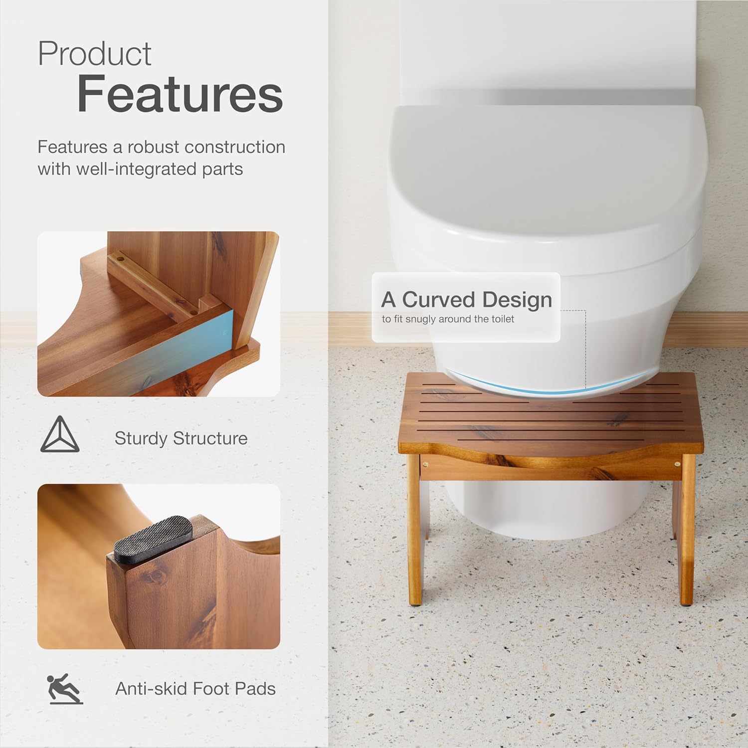 carpentray acacia poop stool for bathroom adults - squatting toilet stool for kids - pooping stool squat with anti slip layer - bathroom stools for sitting/travel (acacia wood 9 inch height)