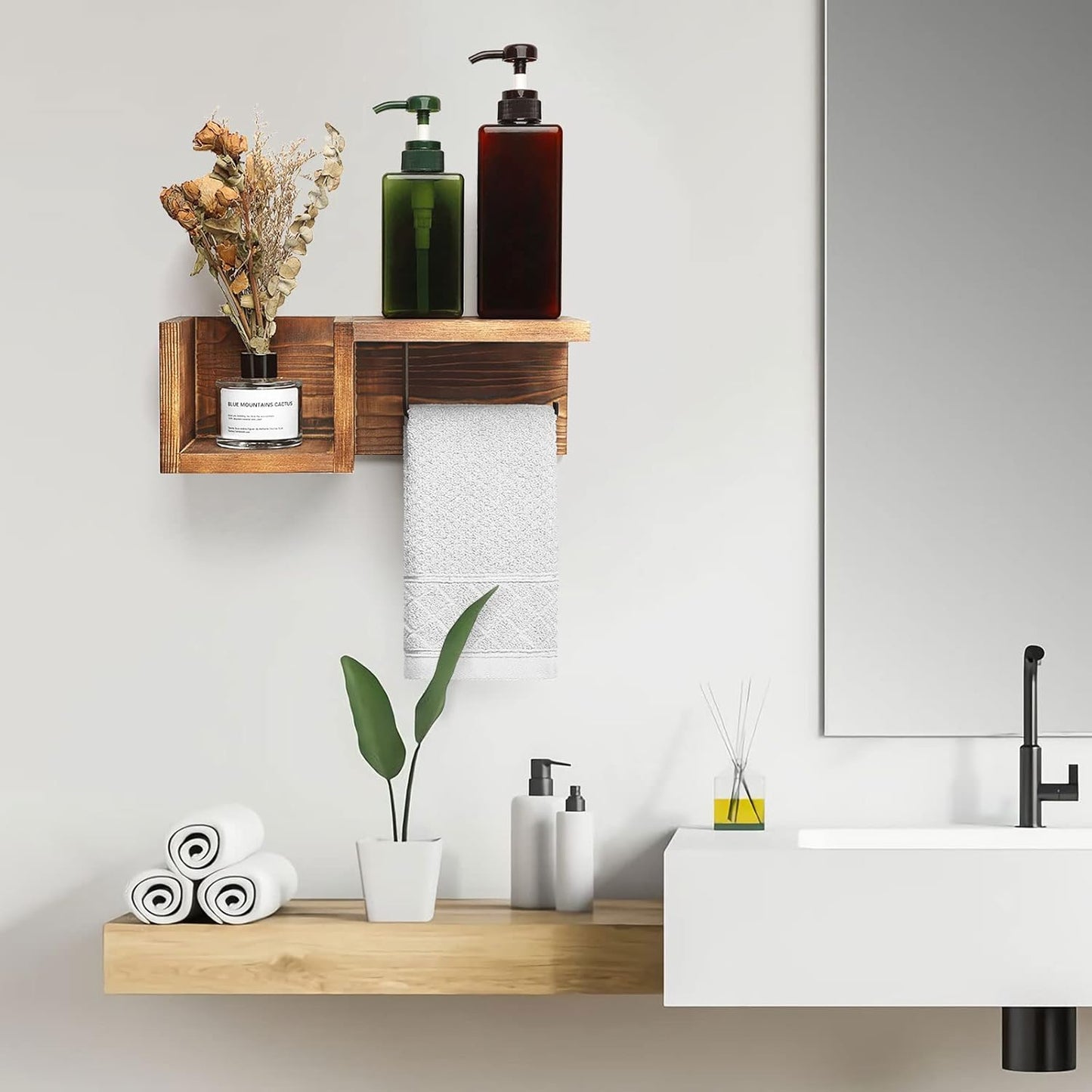Carpentray Wooden Toilet Paper Holder Wall Mount with Shelf -  Bathroom Storage Rack for Tissue Rolls, Rustic Bathroom Decor Brown
