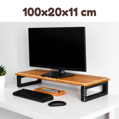 carpentray 100cm long wooden monitor stand riser with underneath keyboard storage, desktop organizer for computer and laptop, home office and study desk (d-teak + black, 100cm long)