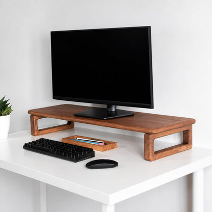 carpentray 66cm long wooden monitor stand riser keyboard storage, desktop organizer for computer and laptop, home office and study desk (d-brown, 66cm long)