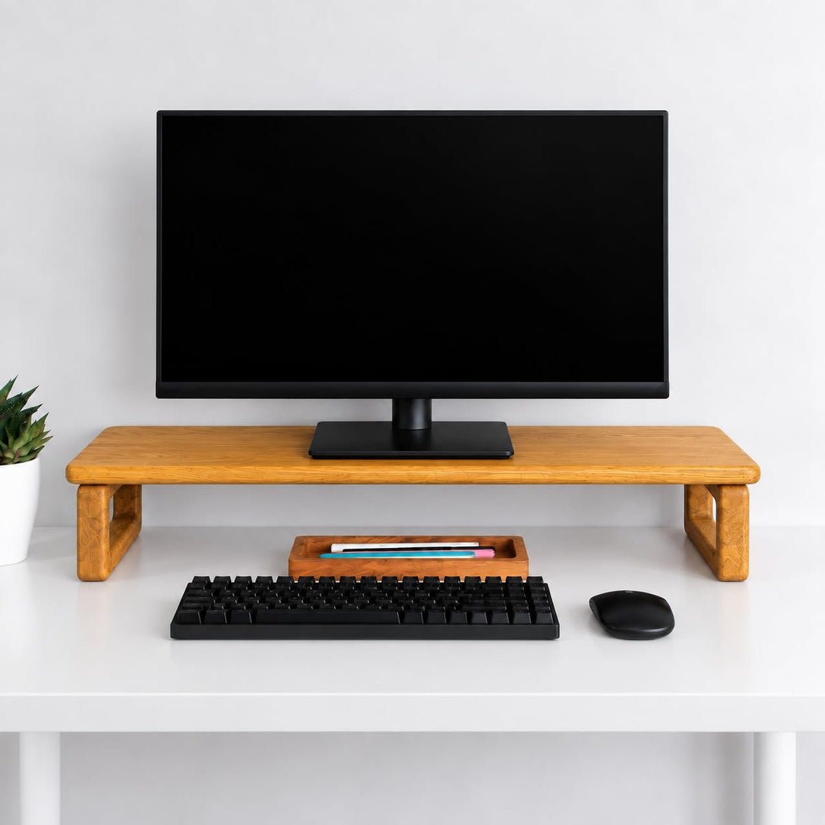 Carpentray 66cm Long Wooden Monitor Stand Riser with Underneath Keyboard Storage, Desktop Organizer for Computer and Laptop, Home Office and Study Desk (D-Teak, 66cm Long)