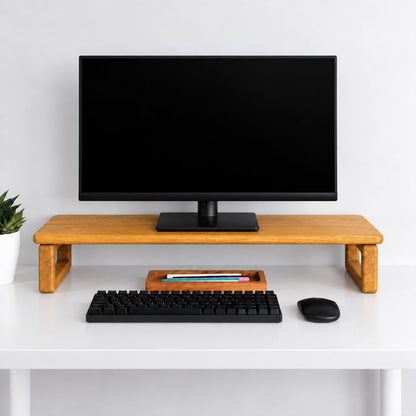 carpentray 100cm long wooden monitor stand riser with underneath keyboard storage, desktop organizer for computer and laptop, home office and study desk (d-teak, 100cm long)