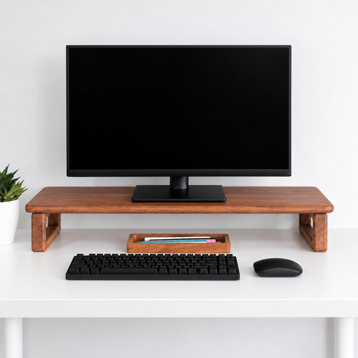 carpentray 66cm long wooden monitor stand riser keyboard storage, desktop organizer for computer and laptop, home office and study desk (d-brown, 66cm long)