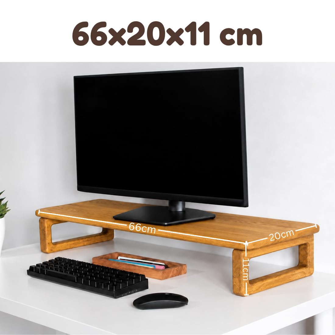 carpentray 66cm long wooden monitor stand riser with underneath keyboard storage, desktop organizer for computer and laptop, home office and study desk (d-teak, 66cm long)