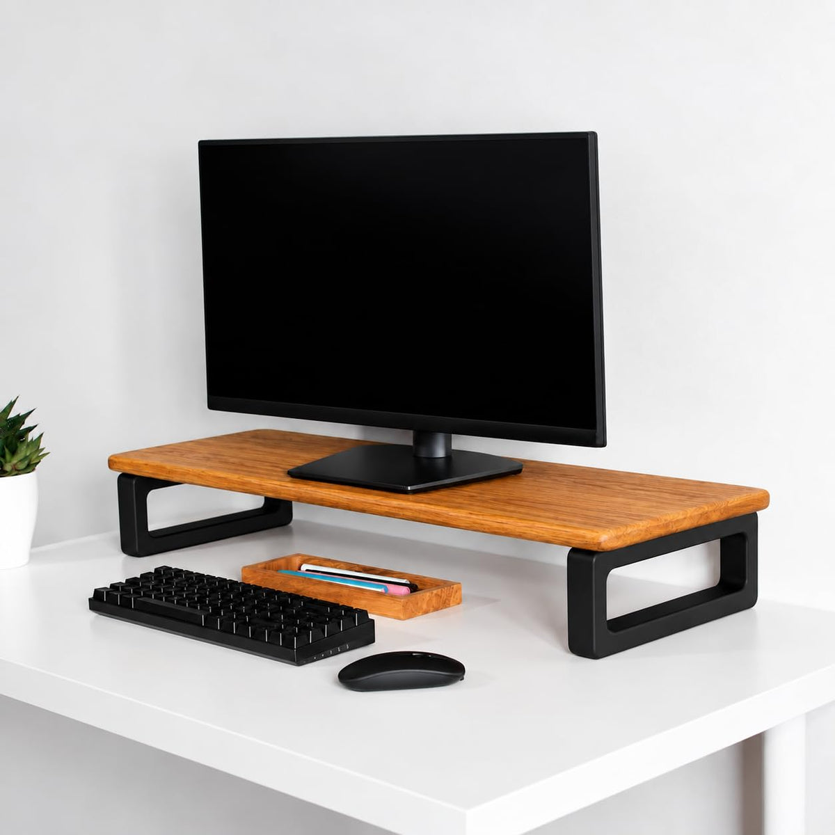 carpentray 100cm long wooden monitor stand riser with underneath keyboard storage, desktop organizer for computer and laptop, home office and study desk (d-teak + black, 100cm long)