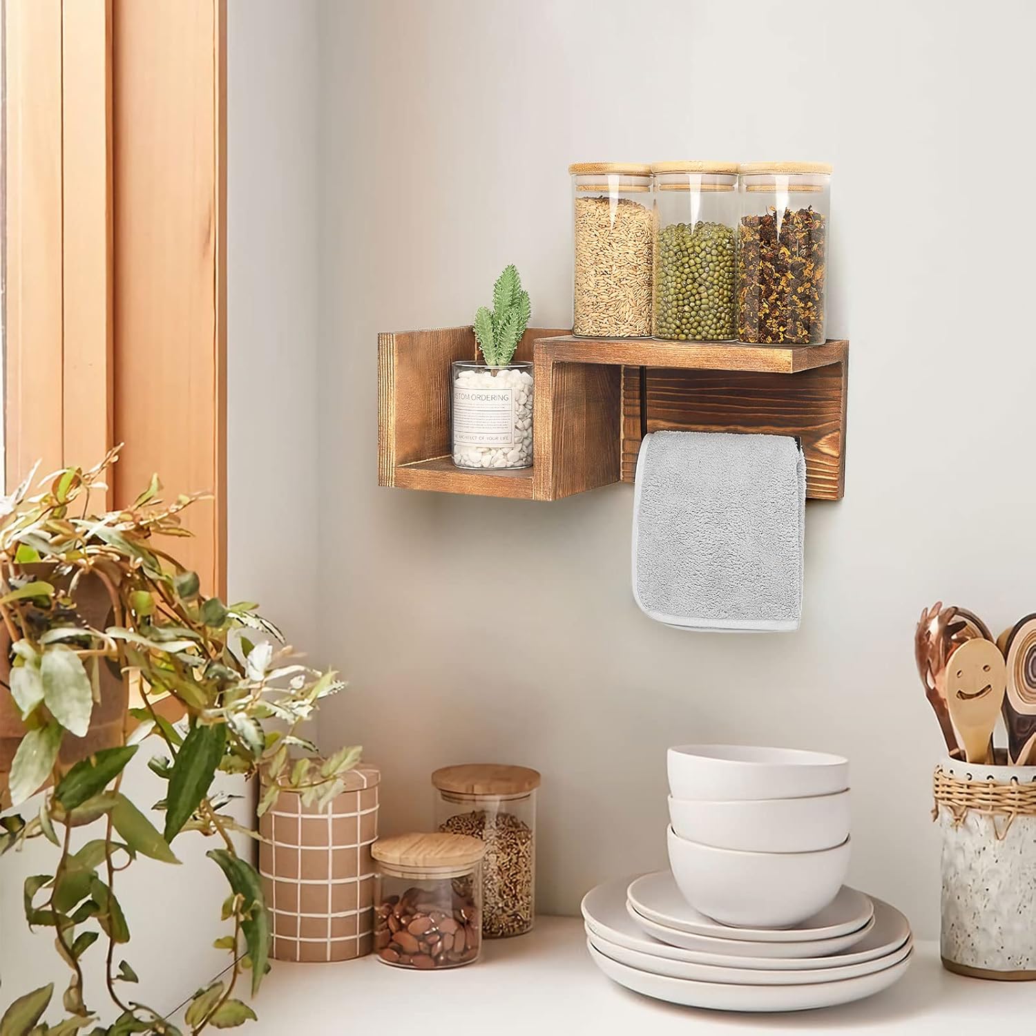 carpentray wooden toilet paper holder wall mount with shelf -  bathroom storage rack for tissue rolls, rustic bathroom decor brown