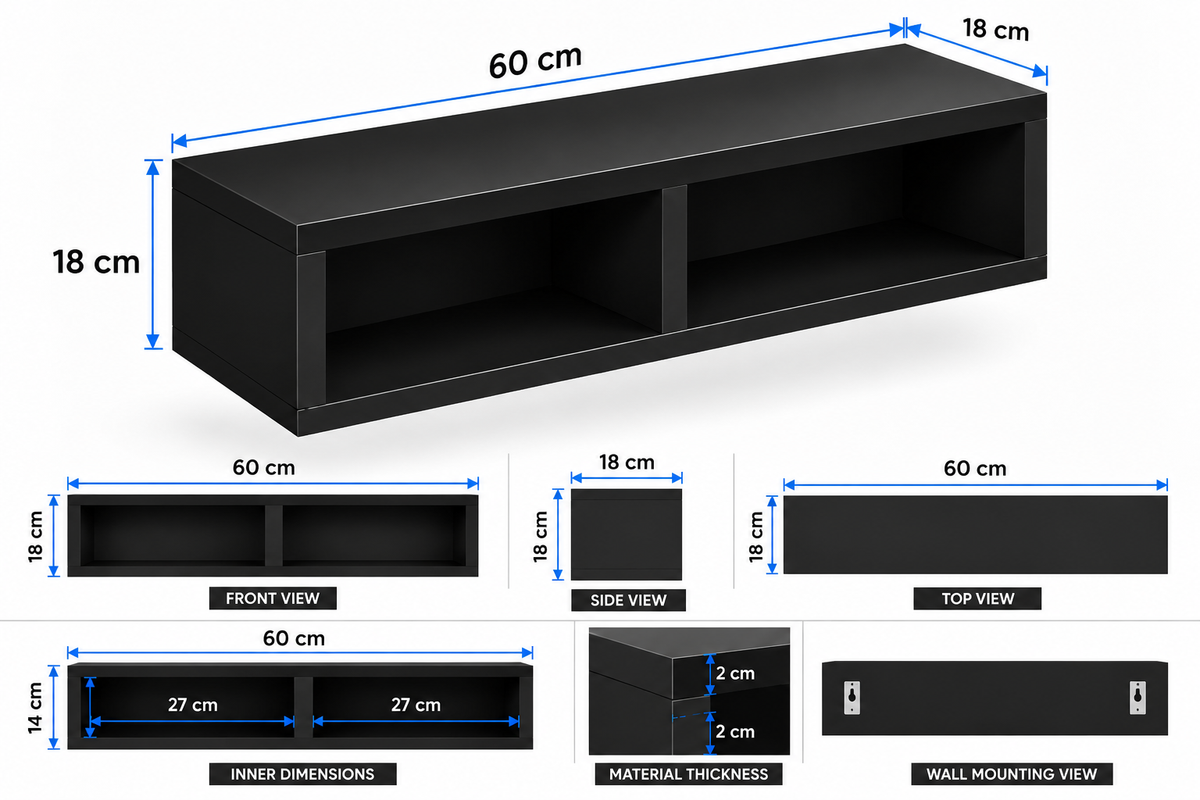 Carpentray 60cm Long Wooden TV Stand for Living Room | Modern Floating Wall Mounted (Black, 60cm Long)