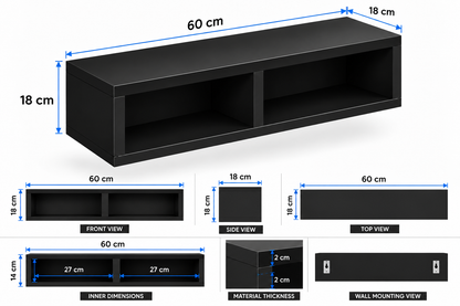 carpentray 60cm long wooden tv stand for living room | modern floating wall mounted (black, 60cm long)