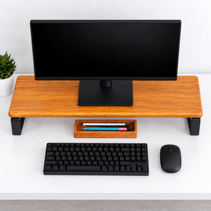 carpentray 80cm long wooden monitor stand riser with underneath keyboard storage, desktop organizer for computer and laptop, home office and study desk (d-teak + black, 80cm long)