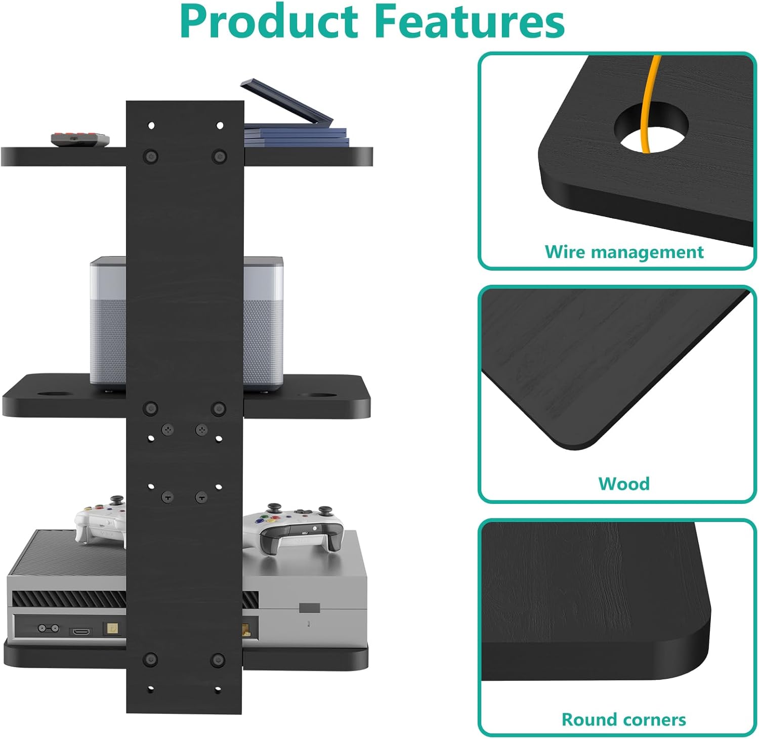 carpentray wooden floating triple shelf projector stand (black)