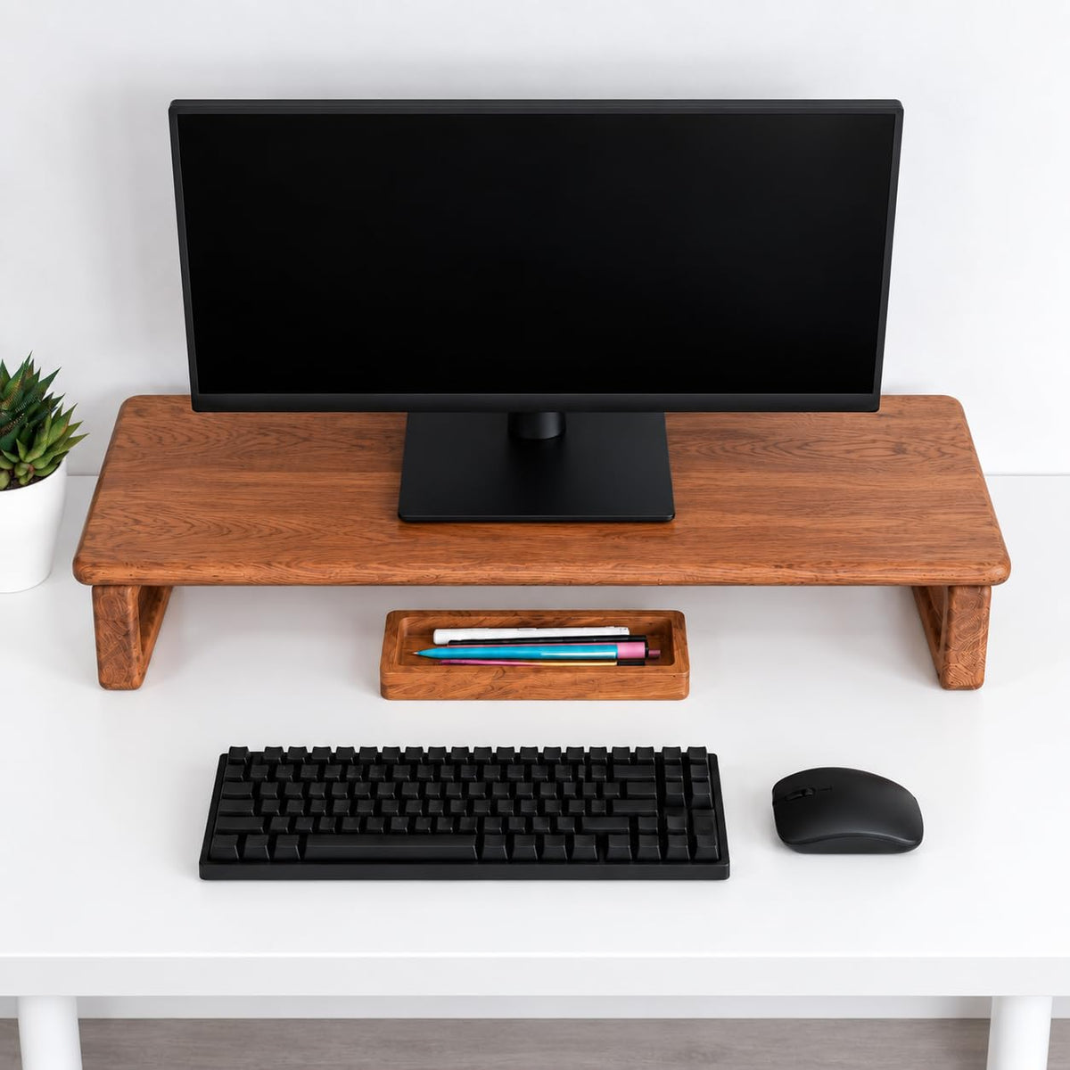 carpentray 66cm long wooden monitor stand riser keyboard storage, desktop organizer for computer and laptop, home office and study desk (d-brown, 66cm long)