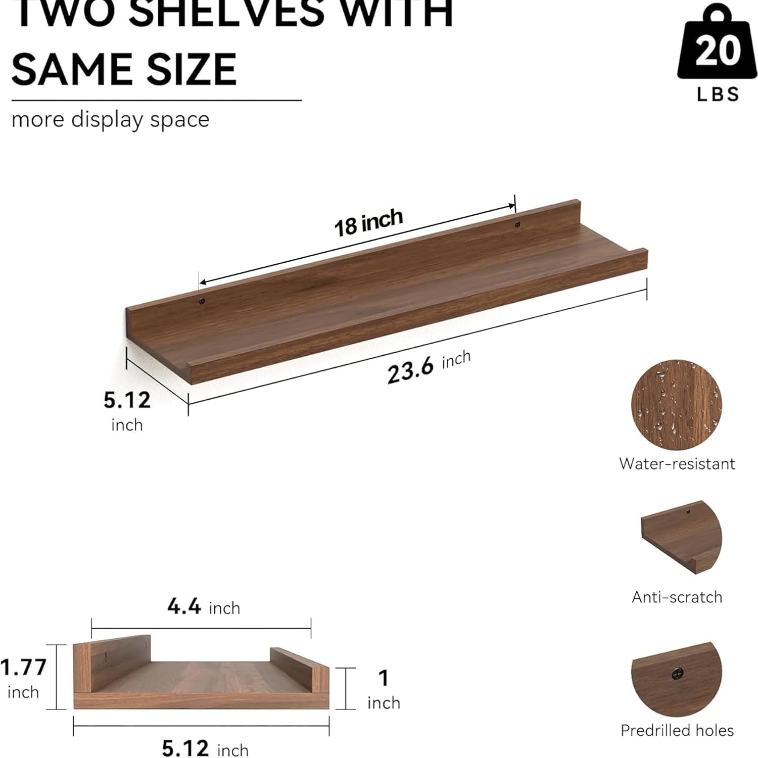 carpentray 24'' inches long dark brown wall shelf