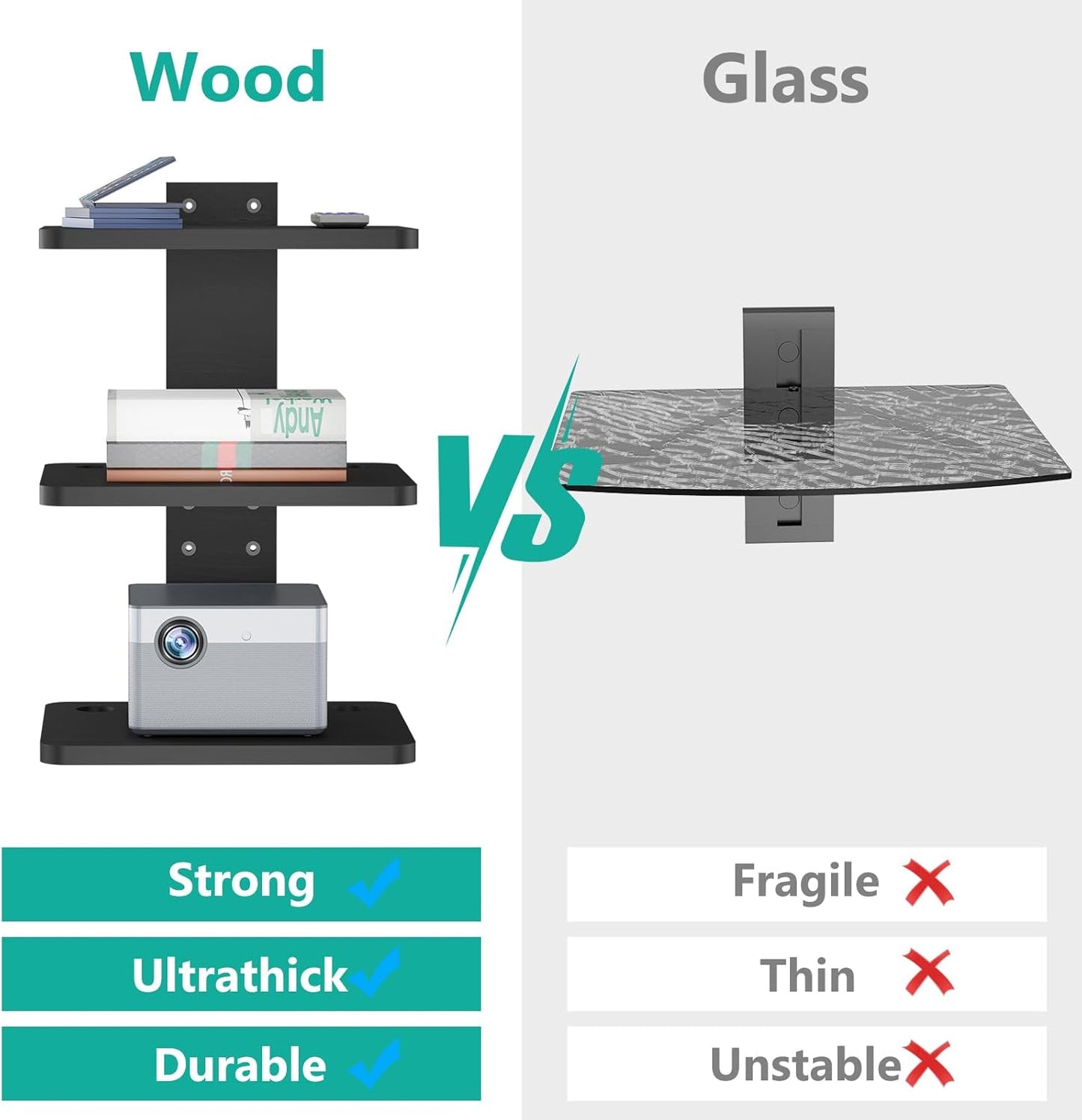 Carpentray Wooden Floating Triple Shelf Projector Stand (Black)