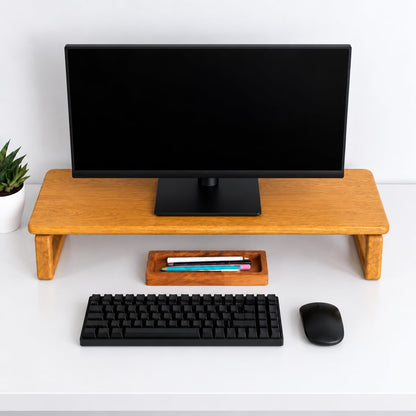 carpentray 80cm long wooden monitor stand riser with underneath keyboard storage, desktop organizer for computer and laptop, home office and study desk (d-teak, 80cm long)
