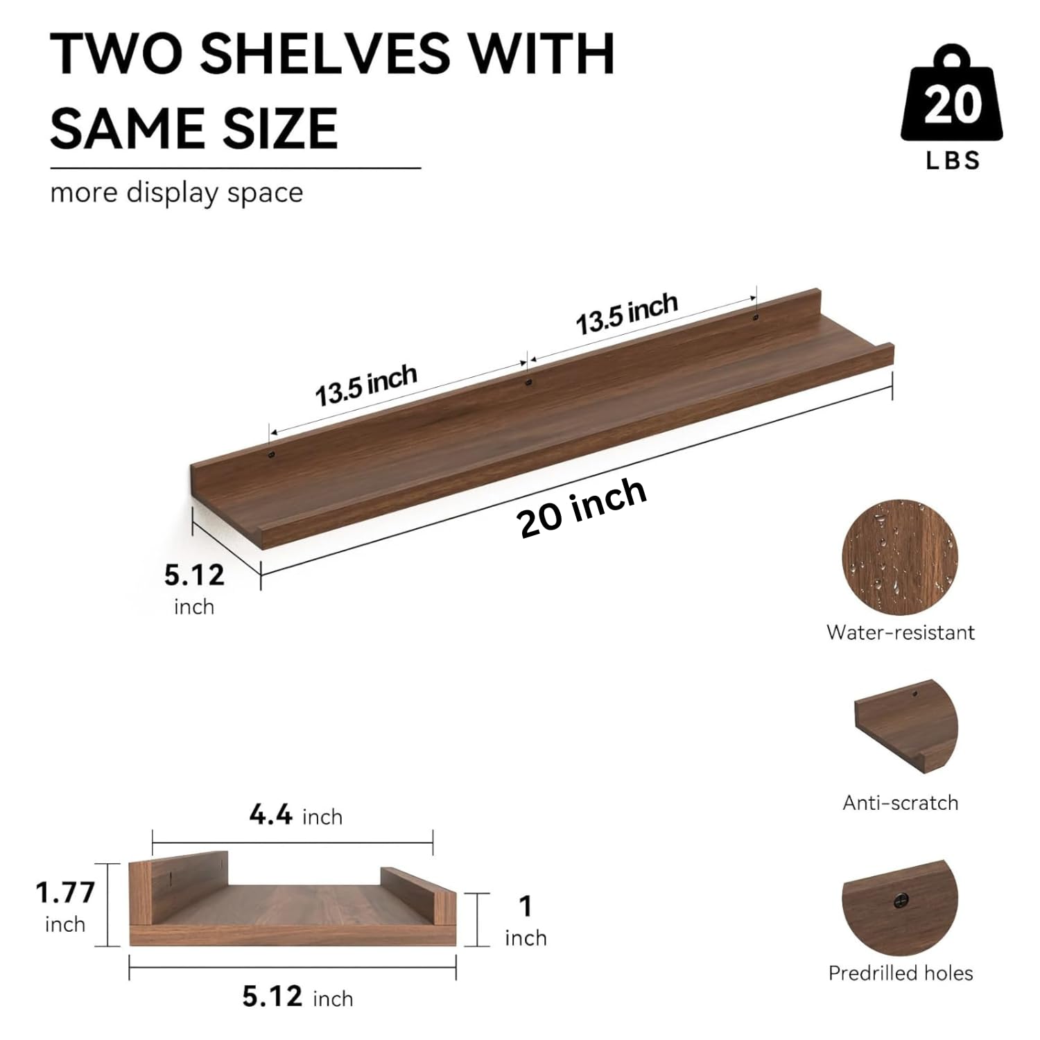 carpentray 20 inches long dark brown wall shelf