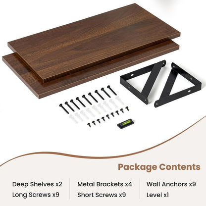carpentray 16w x 8d floating shelves | 8 inch deep walnut wall shelves set of 2