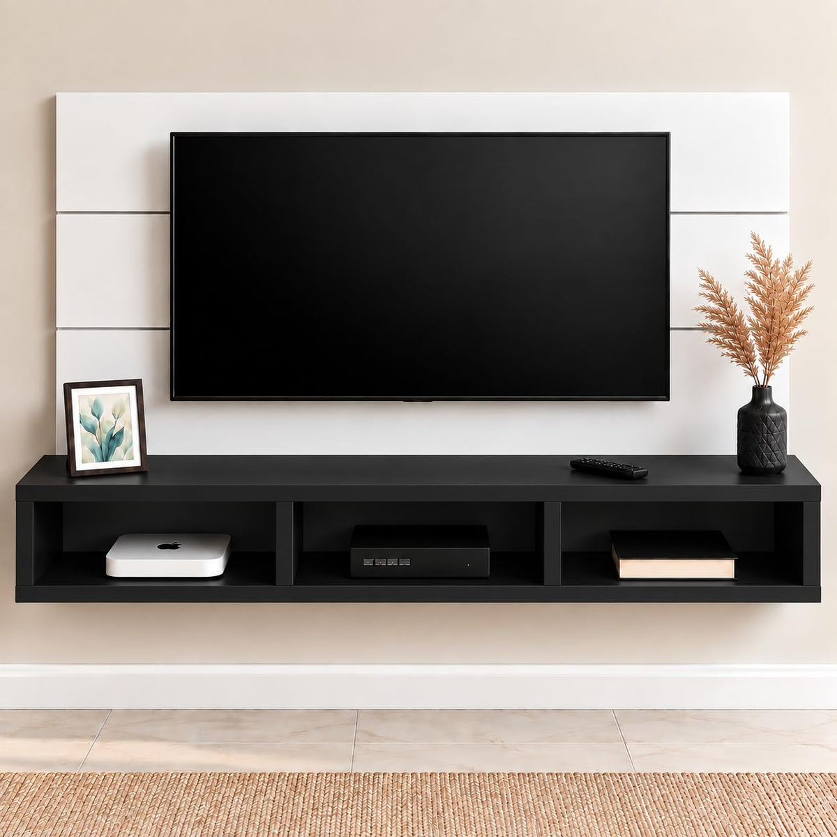 carpentray 60cm long wooden tv stand for living room | modern floating wall mounted (black, 60cm long)