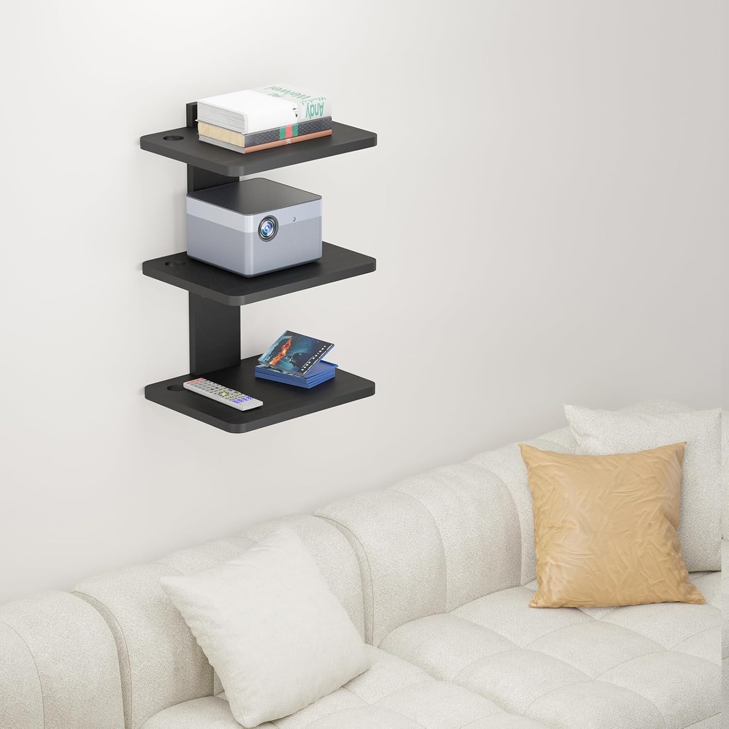 carpentray wooden floating triple shelf projector stand (black)