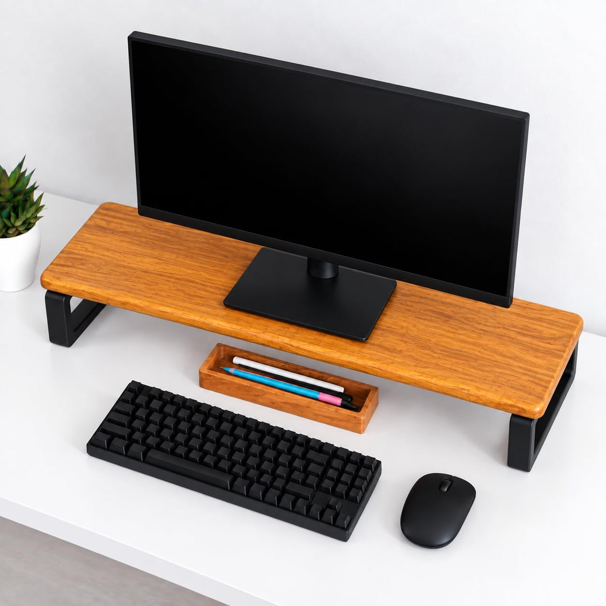 carpentray 80cm long wooden monitor stand riser with underneath keyboard storage, desktop organizer for computer and laptop, home office and study desk (d-teak + black, 80cm long)