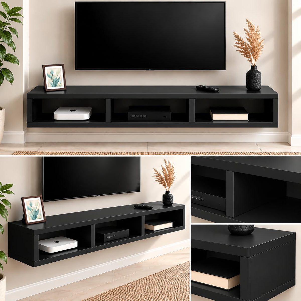 carpentray 60cm long wooden tv stand for living room | modern floating wall mounted (black, 60cm long)