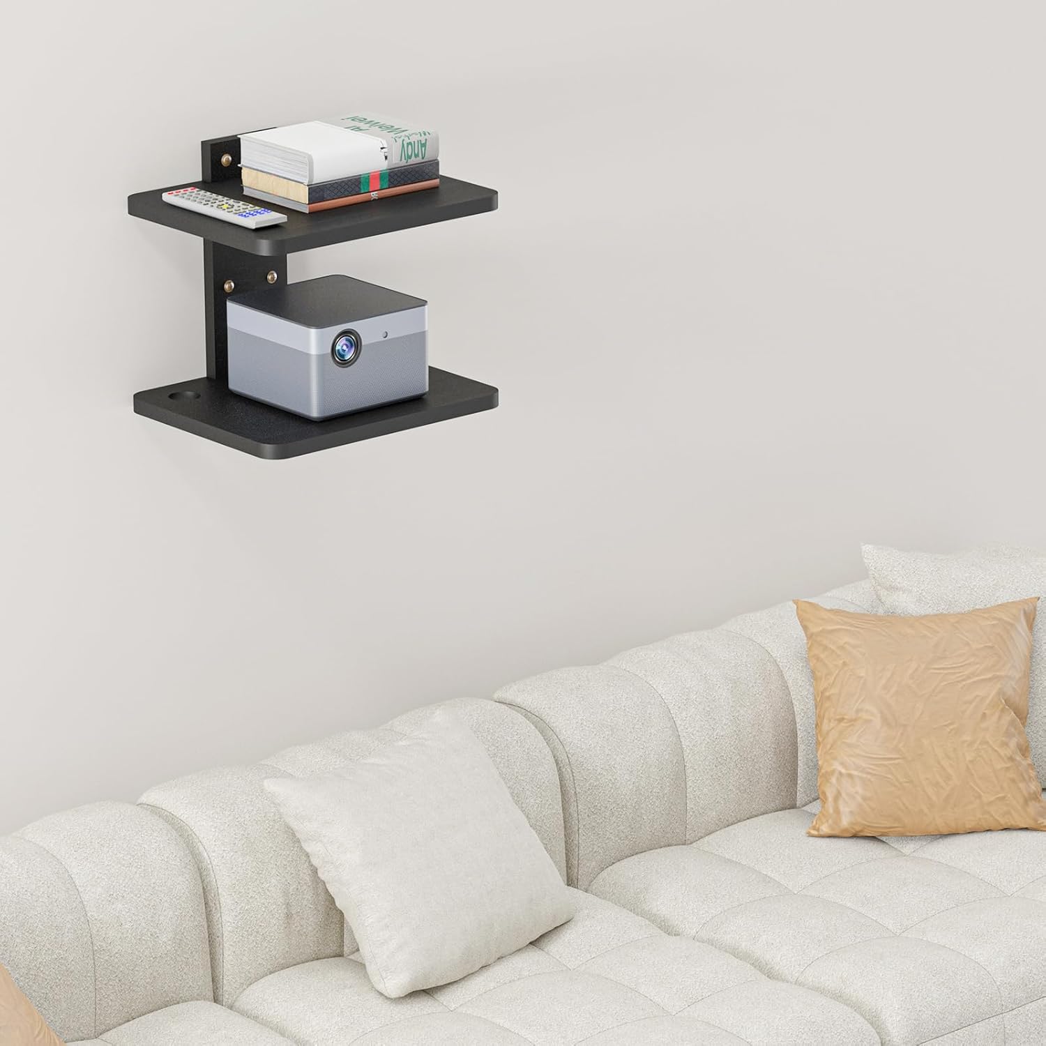 carpentray wooden floating dual shelf projector stand (black)