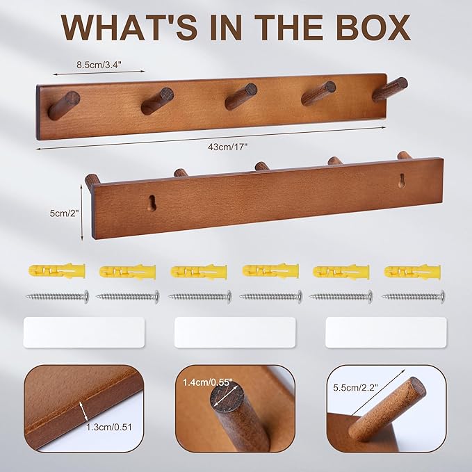 Carpentray Wooden Wall Hooks With 5 Hooks Set Of Two