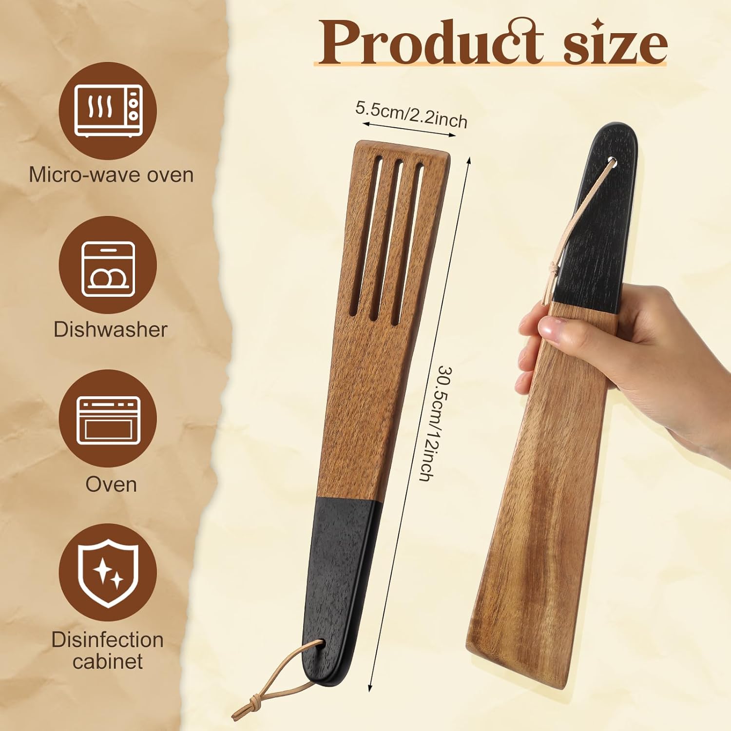 carpentray 12 inch wooden spatula acacia wood flat spatula black handle for cooking small wood