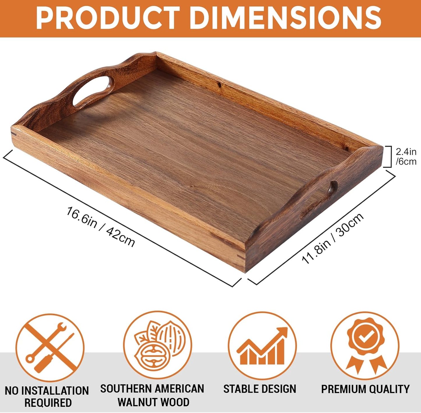 Carpentray 16x12 Inch Nature Walnut Wooden Serving Tray with Handles, Solid Wood Food Tray