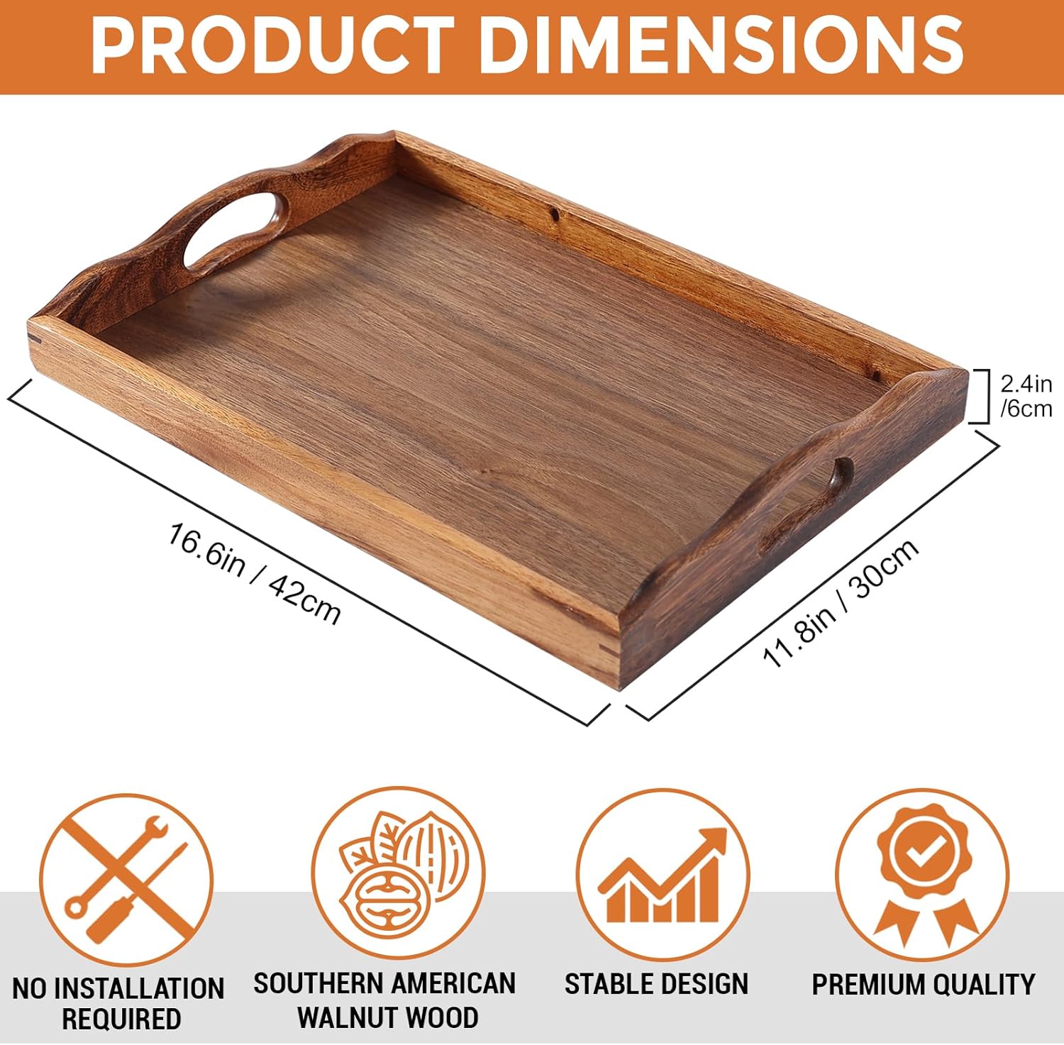 carpentray 16x12 inch nature walnut wooden serving tray with handles, solid wood food tray