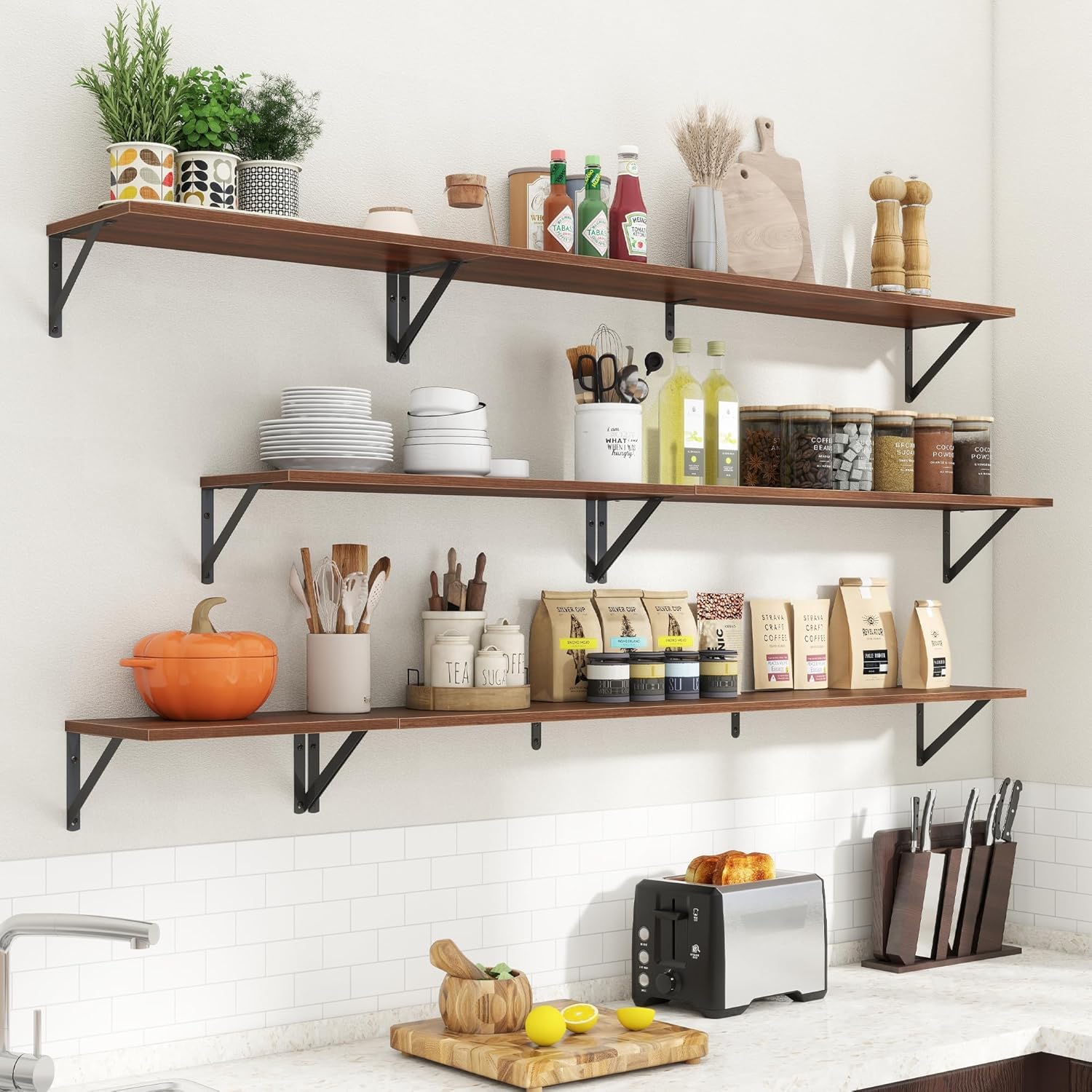 carpentray 20w x 8d inch floating shelves | 8 inch deep walnut wall shelves set of 2