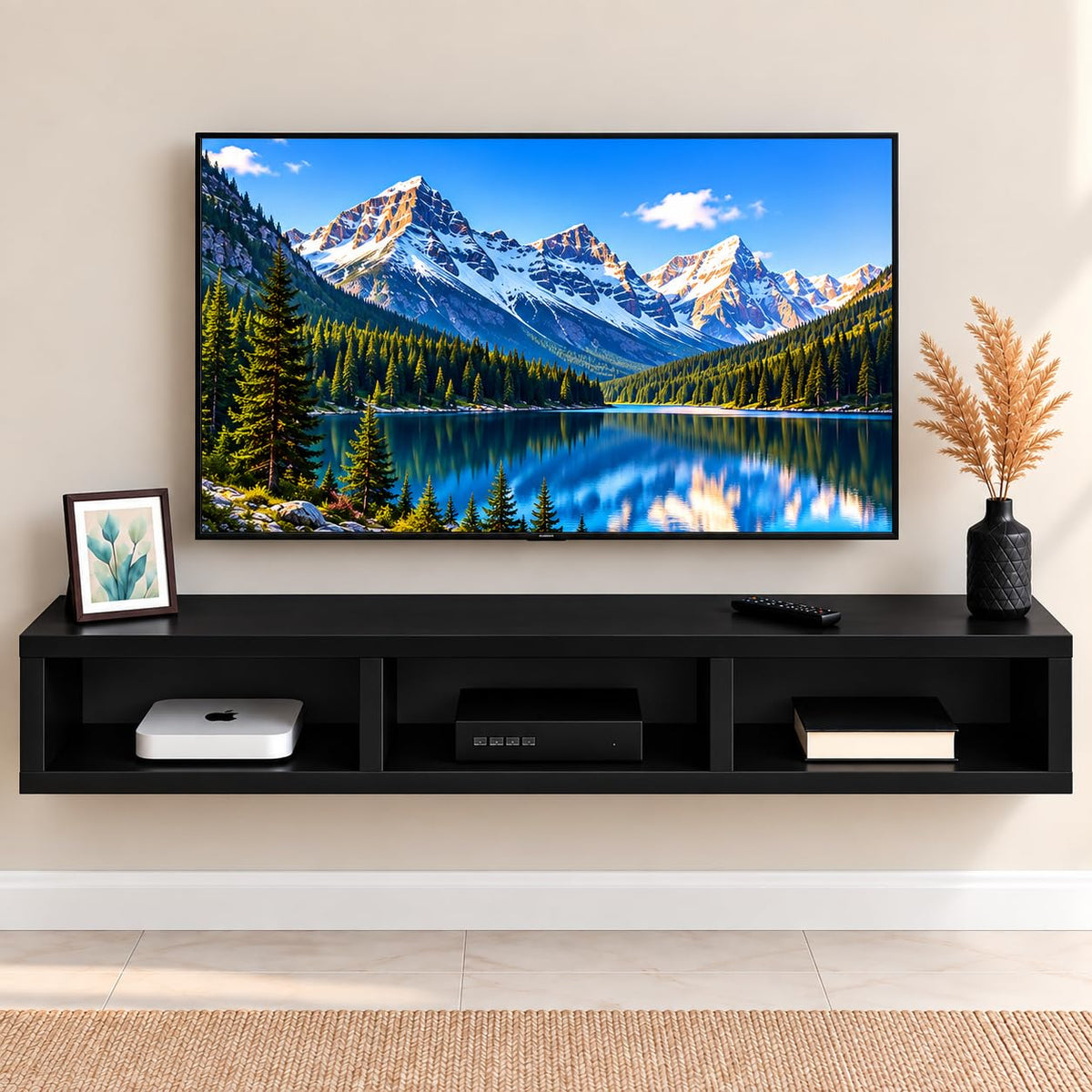 carpentray 60cm long wooden tv stand for living room | modern floating wall mounted (black, 60cm long)