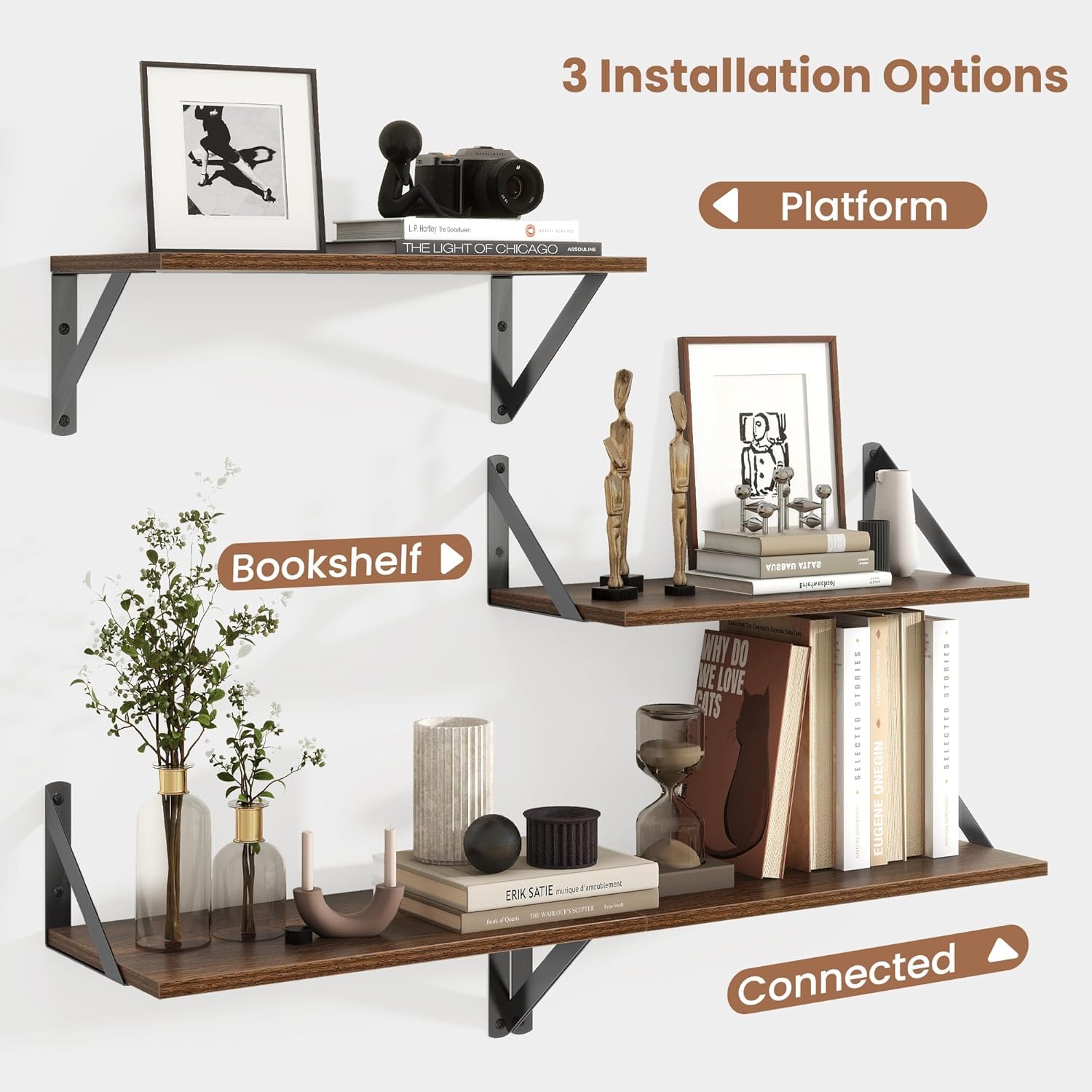 carpentray 16w x 8d floating shelves | 8 inch deep walnut wall shelves set of 2