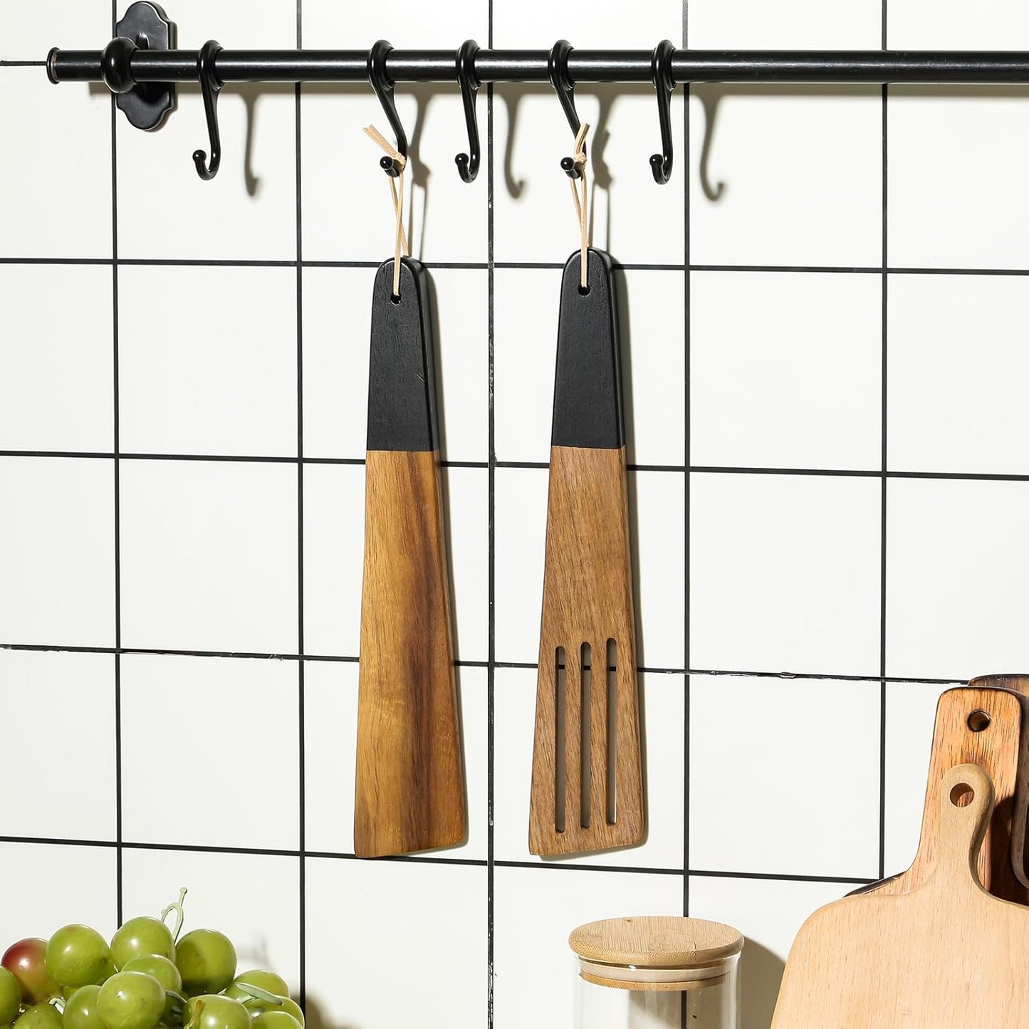 Carpentray 12 Inch Wooden Spatula Acacia Wood Flat Spatula Black Handle for Cooking Small Wood