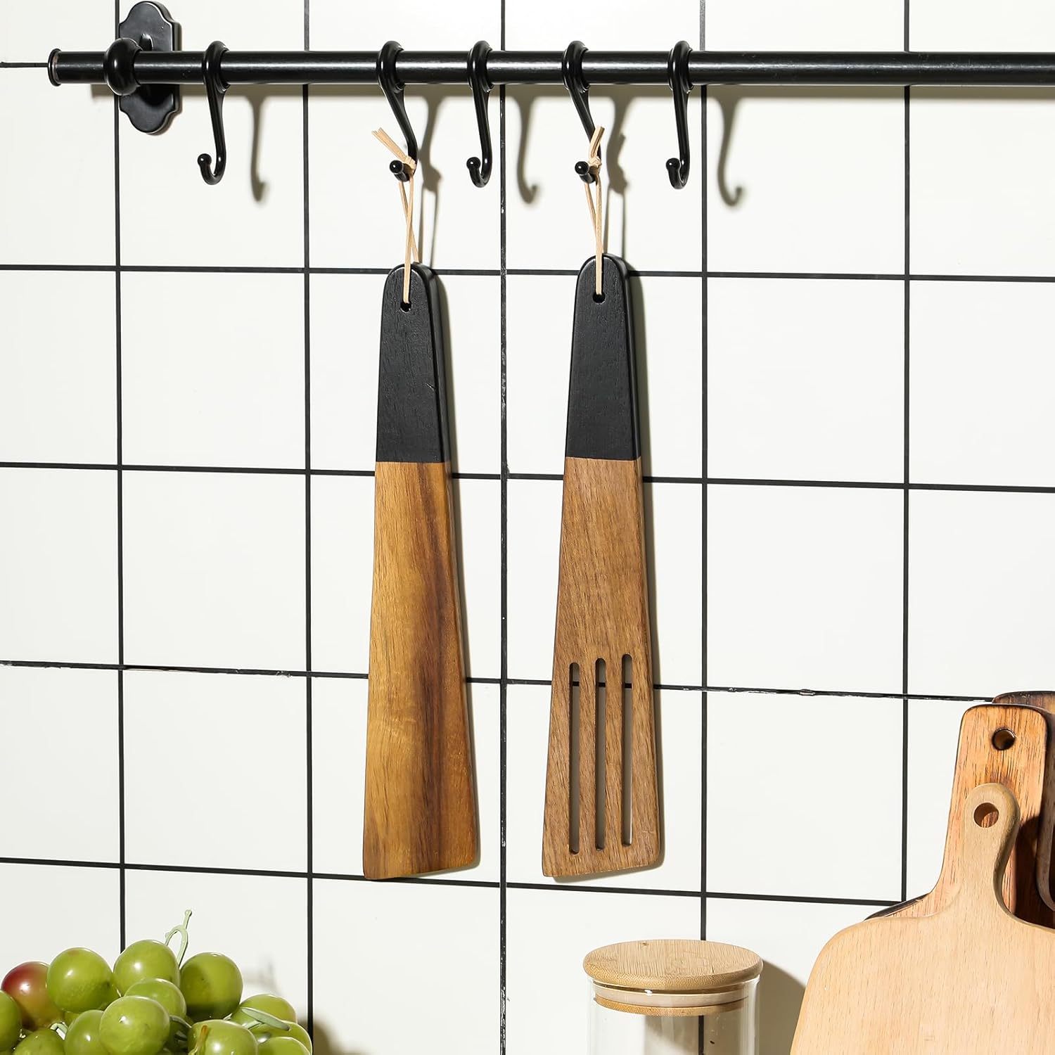 carpentray 12 inch wooden spatula acacia wood flat spatula black handle for cooking small wood