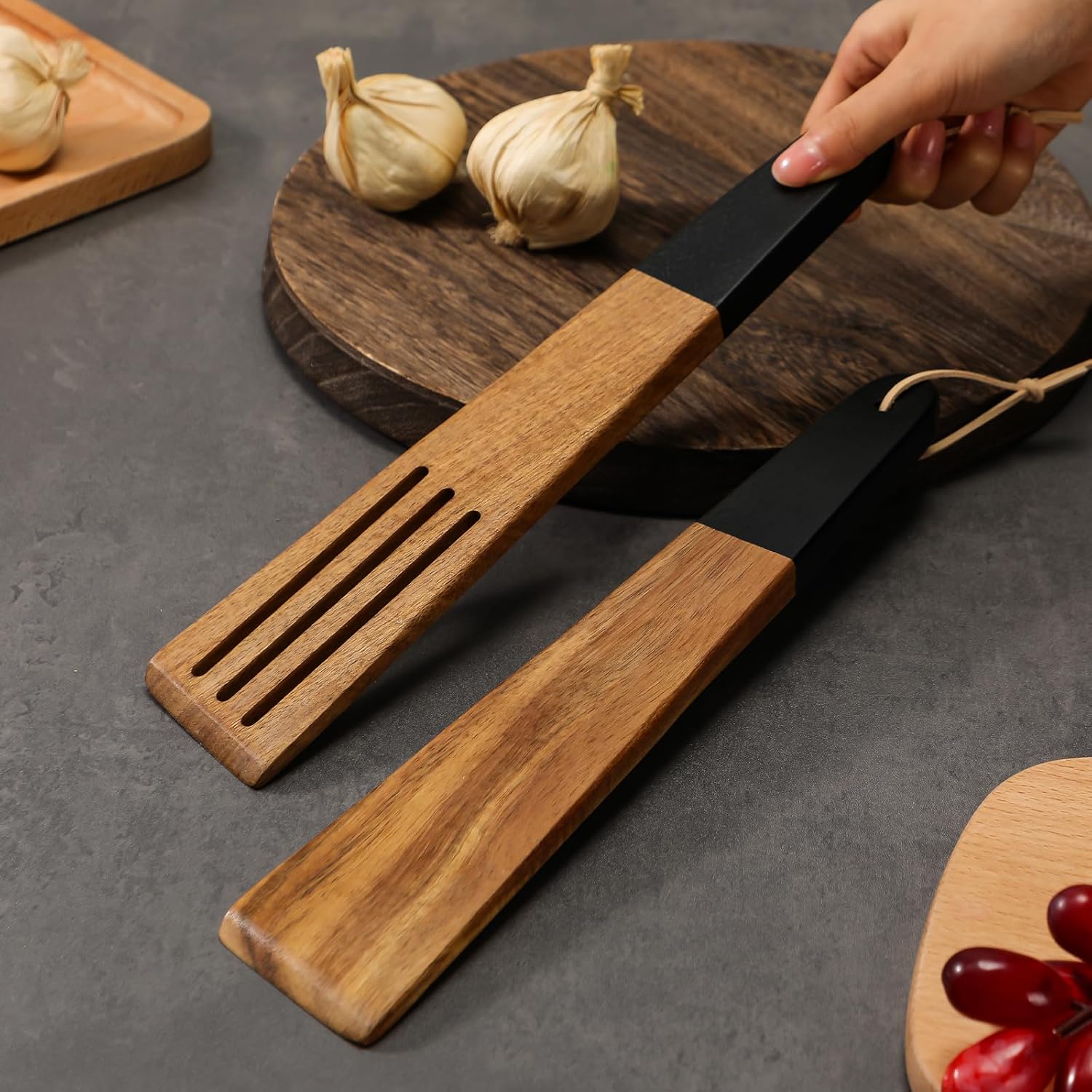carpentray 12 inch wooden spatula acacia wood flat spatula black handle for cooking small wood