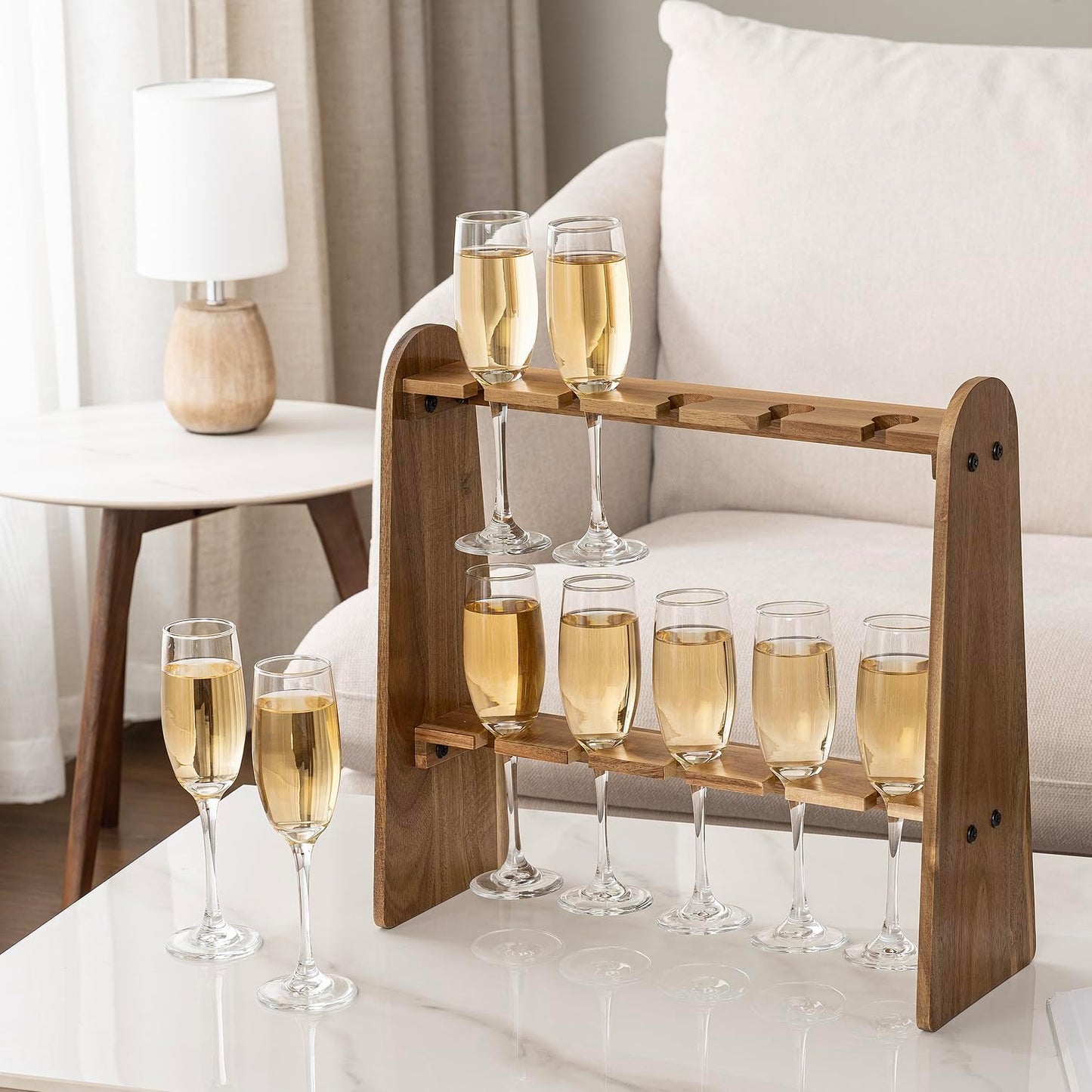 Carpentray 2 Tier Rustic Premium Solid Sheesham Wood Glass Holder Stand, Display Rack with 10 Slots, fits up to 9 Inch Glasses