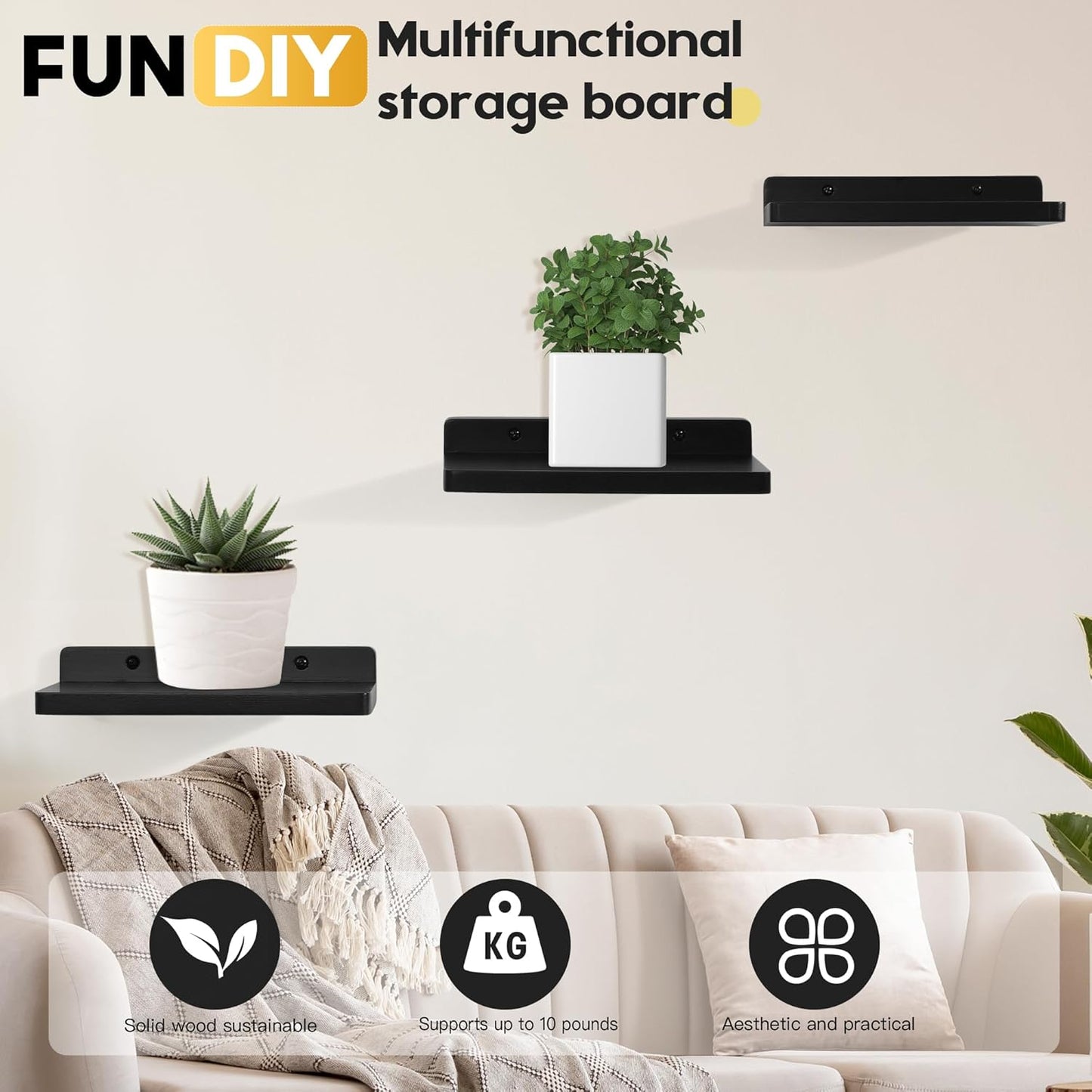 Carpentray Small Floating Shelves for Wall Set of 3 (Black)
