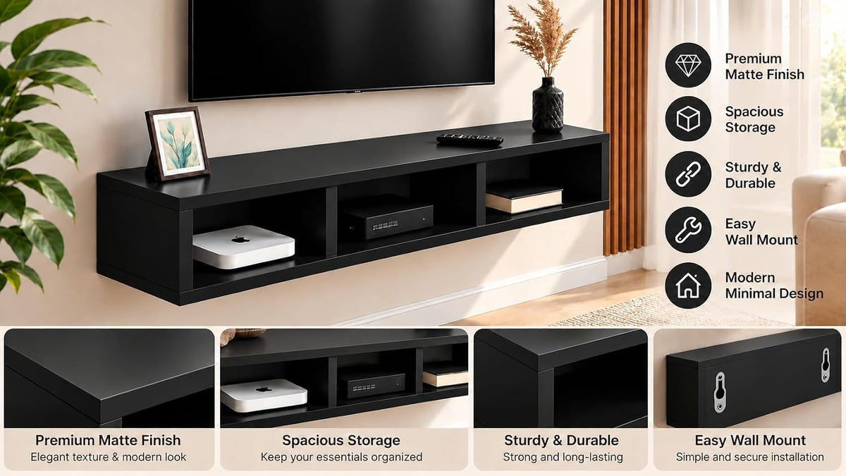 Carpentray 60cm Long Wooden TV Stand for Living Room | Modern Floating Wall Mounted (Black, 60cm Long)