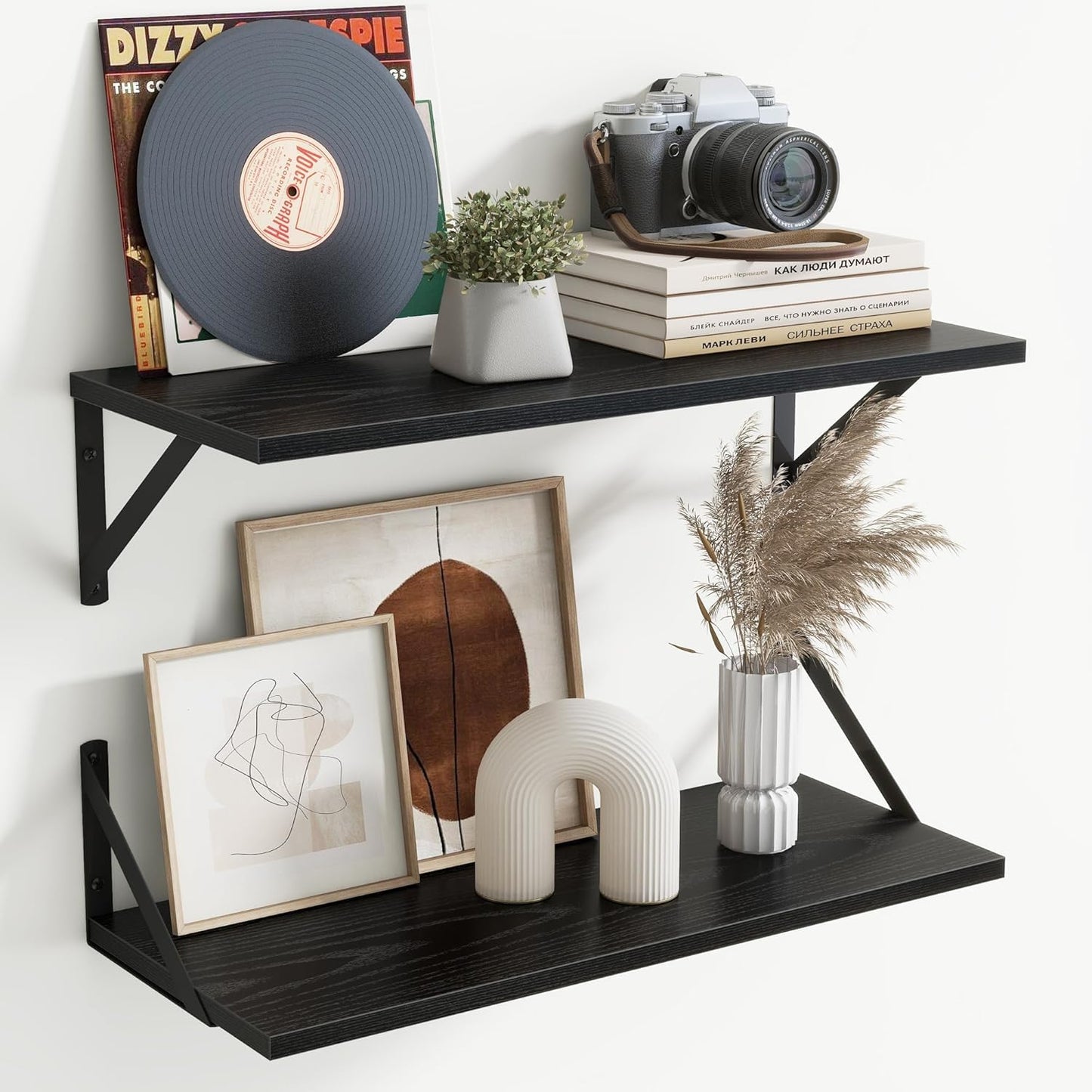 Carpentray 20x8 inch Floating Shelves | 8 Inch Deep Black Wall Shelves Set of 2