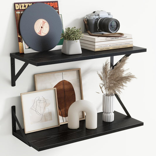 Carpentray 24x8 inch Floating Shelves, 8 Inch Deep Black Wall Shelves Set of 2