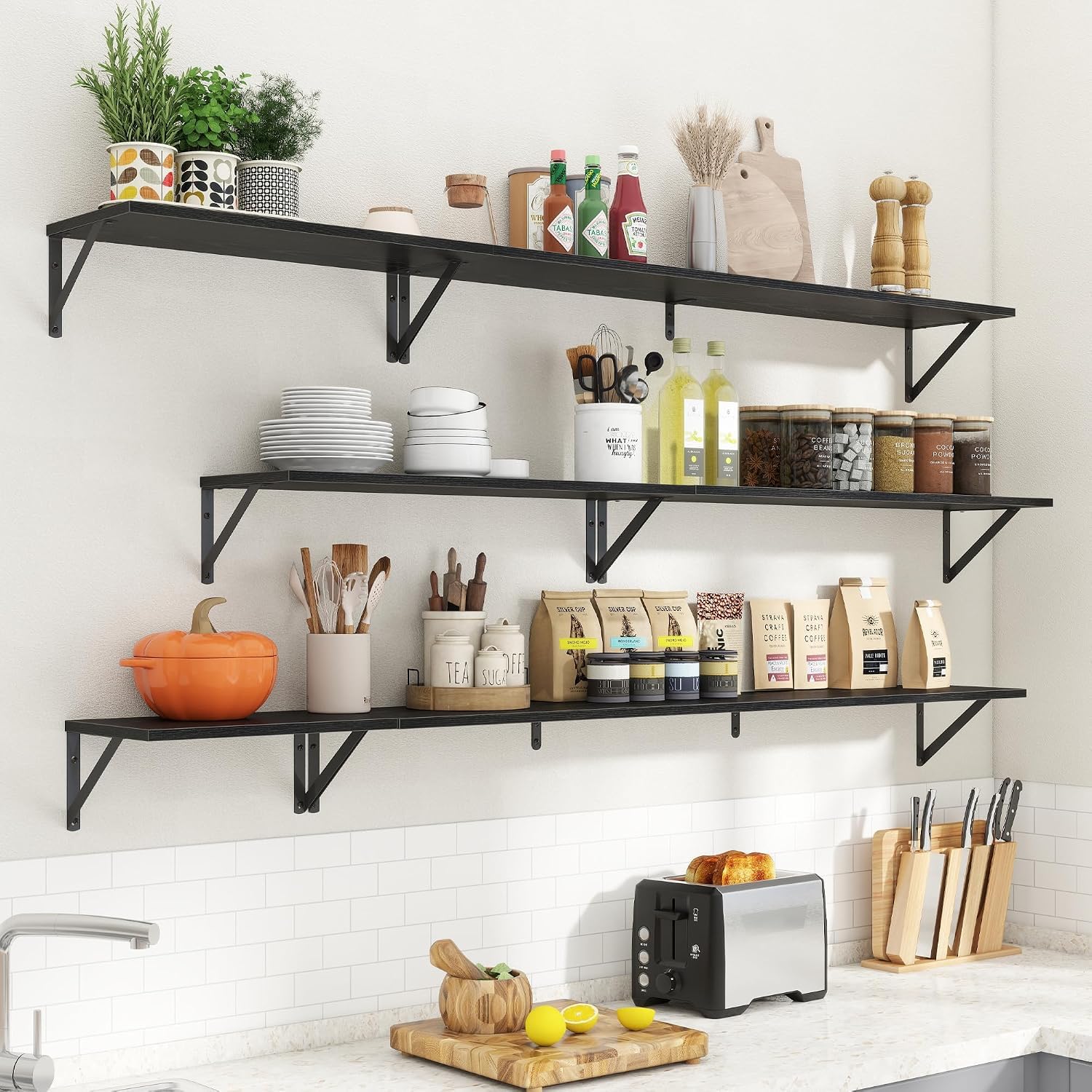 carpentray 24x8 inch floating shelves, 8 inch deep black wall shelves set of 2